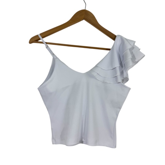 Women’s Size Small Solid White Asymmetrical Ruffle Cropped Stretch Casual Top - Picture 2 of 7